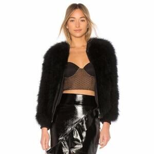 RAVN Black Leather Trimmed Full Zip Turcia Feather Bomber Jacket Size Large NWT